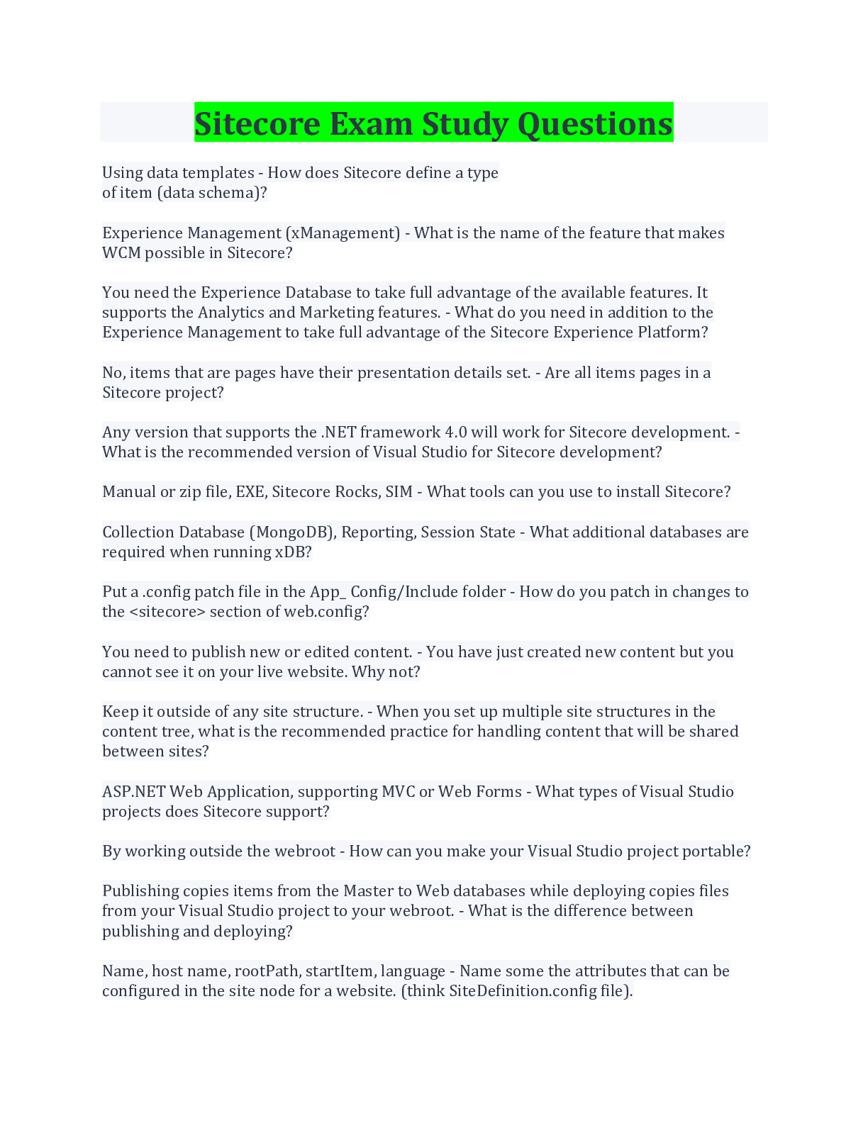 Preview image for Sitecore Exam Study Questions Latest Update
